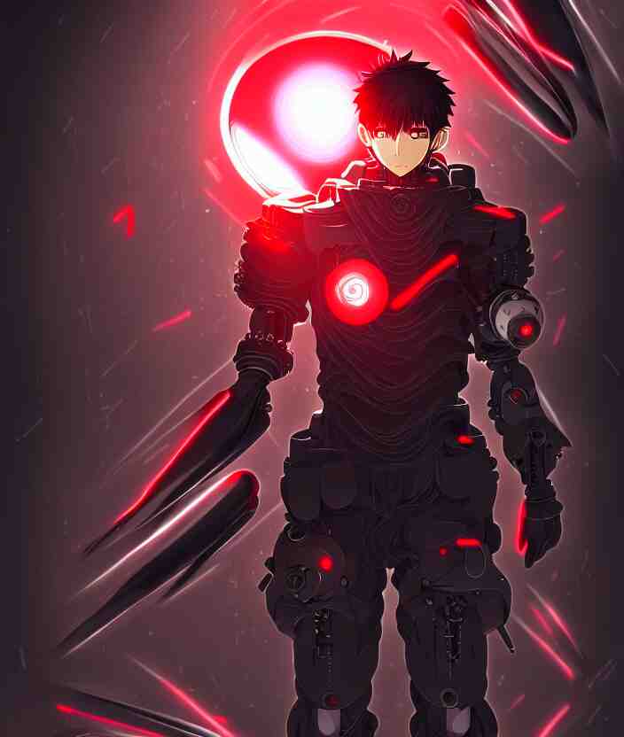 a detailed manga illustration character full body portrait of a dark haired cyborg anime man who has a red mechanical eye, trending on artstation, digital art, 4 k resolution, detailed, high quality, sharp focus, hq artwork, insane detail, concept art, character concept, character illustration, full body illustration, cinematic, dramatic lighting 