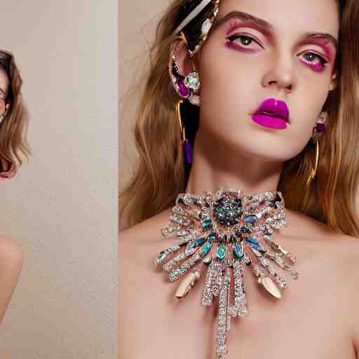 fashion photo, haute couture female model wearing bejeweled scissor earrings:5, bejeweled scissor chest plate:5, bejeweled scissor bracelets:5, hyper realistic, detailed, dramaticly beautiful, 8k, Octane