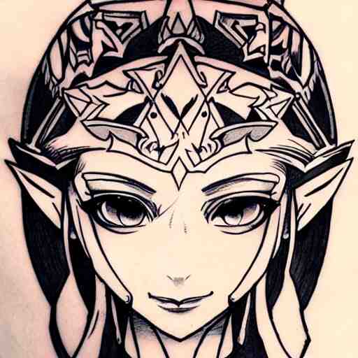 tattoo design, stencil, clean line art, g pen, portrait of princess zelda by artgerm, symmetrical face, beautiful, triforce 