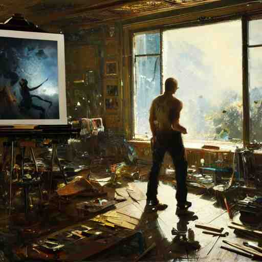 jackson pollock at work in his studio, intricate, elegant, digital painting, concept art, sharp focus, rays of light, by greg rutkowski, gaston bussiere, 4 k. 