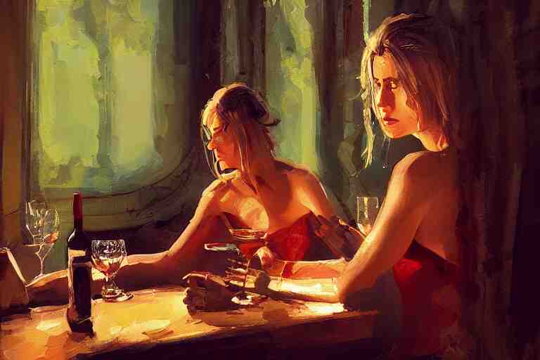 A painting of a sympathic sorceress sitting at a table having a glas of red wine in a bar late at night by Greg Rutowski,  Craig Mullins, ambient lighting, trending on artstation