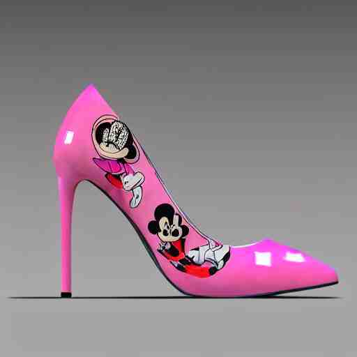 pink suede pumps shoes with slim heels and pointed toes with a happy mickey mouse printed on it, photorealistic, transluscent, glass, beautiful, architecture, product design, clean, highly detailed, 8 k, ornate detail 