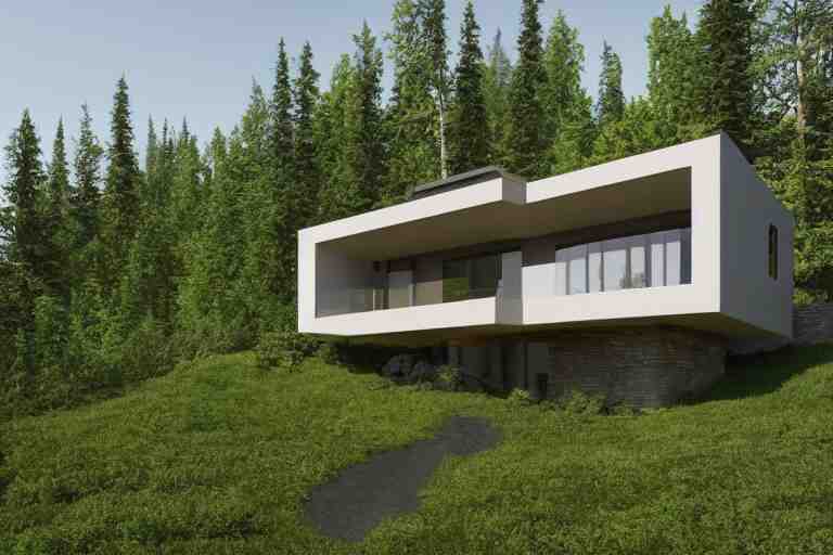 modern modern fachwerk house with in the forest on the foot of Elbrus mountain, architecture, 3d render 8k , high details