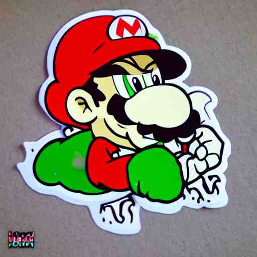 die cut sticker, yoshi wearing mario's mustache, splatter paint 