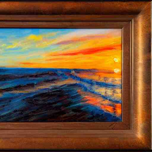 sunset over a wooden cabin on the coast in the distance, sea, oil painting, very detailed, colorful