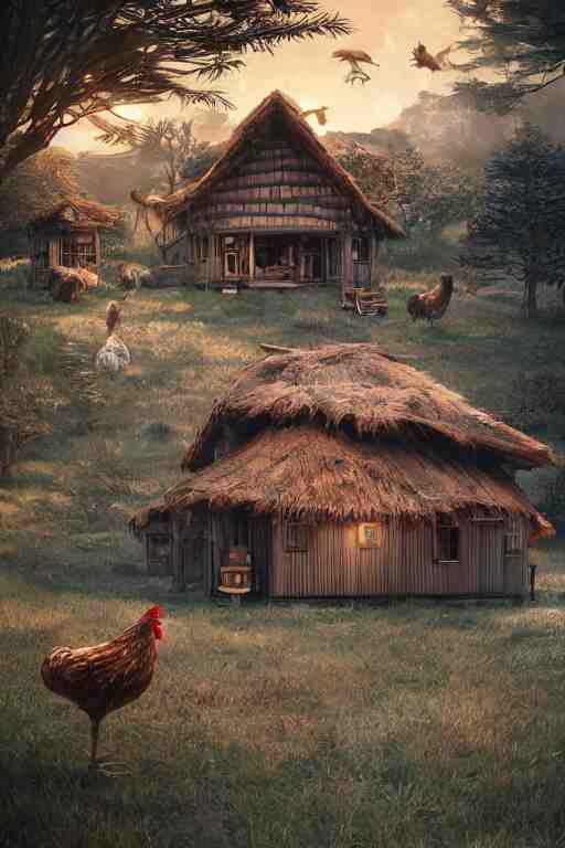 an awesome twilight day concept art of old hut with chicken legs, by kengo kuma and wes anderson with village, mixed development, cgsociety, fantastic realism, artstation hq 