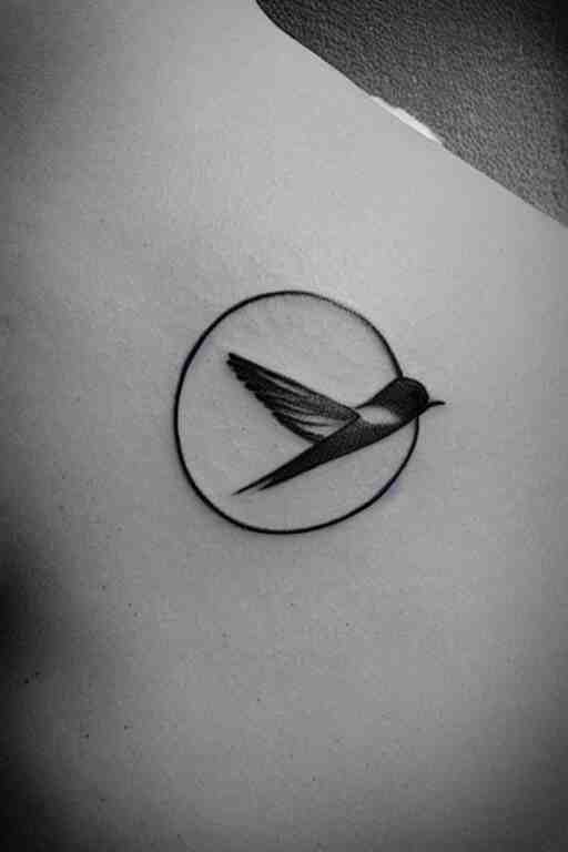 a beautiful swallow tattoo design of minimalist swallows flying into spherical lines and simple basic shapes, black ink, abstract logo, line art 