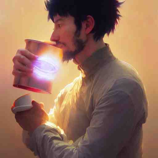 A man drinking a cup of cosmic energy bright light, illustration by Ruan Jia and Mandy Jurgens and William-Adolphe Bouguereau, Artgerm, 4k, digital art, surreal, anime style, space dandy style, highly detailed, godsend, artstation, digital painting, concept art, smooth, sharp focus, illustration by Ruan Jia and Mandy Jurgens and William-Adolphe Bouguereau, Artgerm