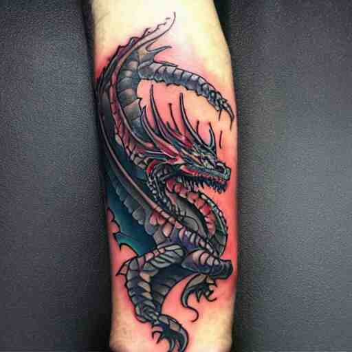 dark and vibrant spiraling fantasy dragon drake wyvern, forearm tattoo