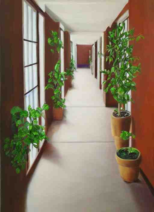 an empty hallway, full of house plants and people, oil on canvas 