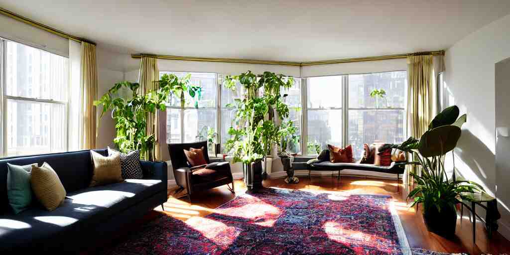 wide angle photograph, atmospheric, realistic lighting, light bloom sunlight, nature outside, reflections, mirror sphere, award winning contemporary interior design by nate berkus living room, city apartment cozy calm, plants, fabrics textiles, colorful accents, brass copper, many light sources, lamps, oiled hardwood floors, no carpet, book shelf small library, couchm desk, mirrors 