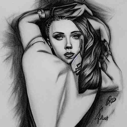 tattoo of Scarlett Johansson, sketched by Loish, back tattoo