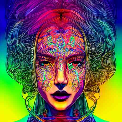 the head of a beautiful rainbow woman, an ultrafine detailed illustration by james jean, final fantasy, intricate linework, bright colors, behance contest winner, vanitas, angular, altermodern, unreal engine 5 highly rendered, global illumination, radiant light, detailed and intricate environment 