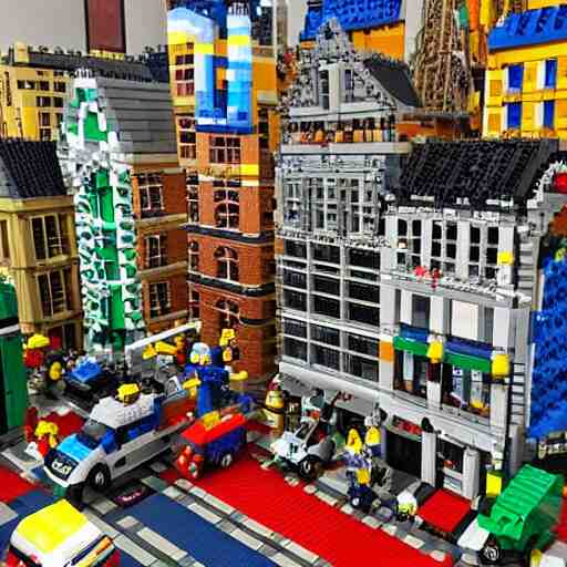 large city lego set built entirely out of legos, very intricate and detailed, photorealistic 