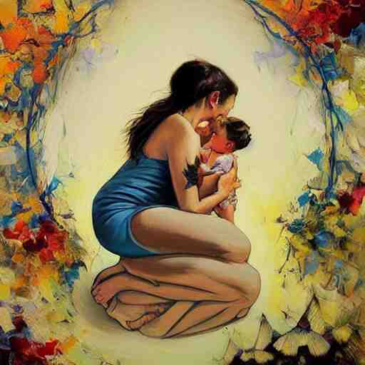 by john larriva, by aaron horkey emotive. a beautiful painting harmony of colors, simple but powerful composition. a scene of peaceful domesticity, with a mother & child in the center, surrounded by a few simple objects. colors are muted & calming, serenity & calm. 