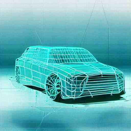 turquoise water covers a transparent car wireframe, digital art 