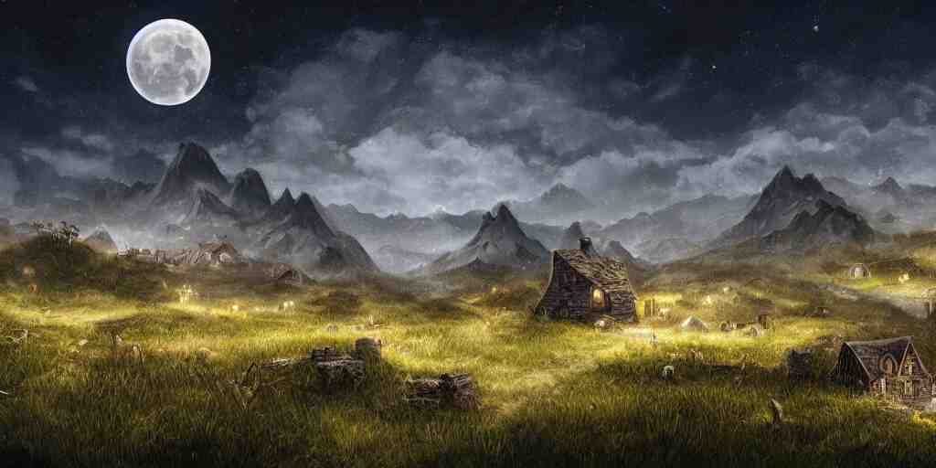 Skeleton infested fields with large mountains in the distance, small cottage in the foreground, nighttime, moon in the night sky, landscape wallpaper, d&d art, fantasy, painted, 4k, high detail, sharp focus