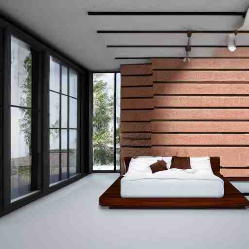 hyper realistic one point perspective of bedroom, wood, concrete, brick, glass 