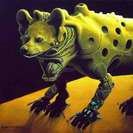 hyena robot, cyberpunk, highly detailed quadrupedal cyborg, beksinski style, very detailed painting 