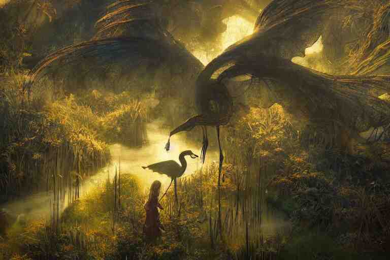 aerial view, fantasy painting, dungeons and dragons, a faerie village hovels, swamp reeds wetland marsh sunset estuary, with ominous shadows, an egret by jessica rossier and brian froud cinematic painting 