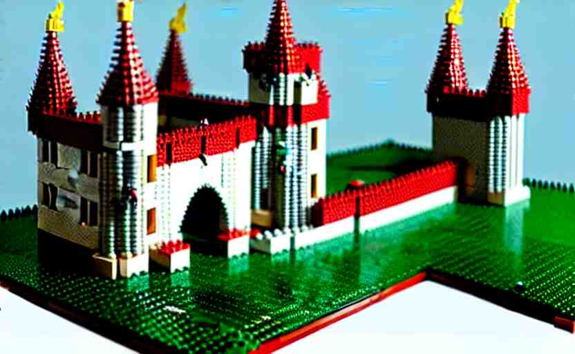 a realistic detailed accurate Lego set of a medieval French castle on a green hill