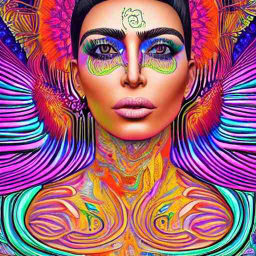 an extremely psychedelic portrait of kim kardashian, surreal, lsd, face, detailed, intricate, elegant, lithe, highly detailed, digital oth, sharp focus, illustration, 