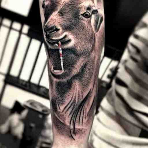 a tattoo of a goat with a stick of dynamite in its mouth