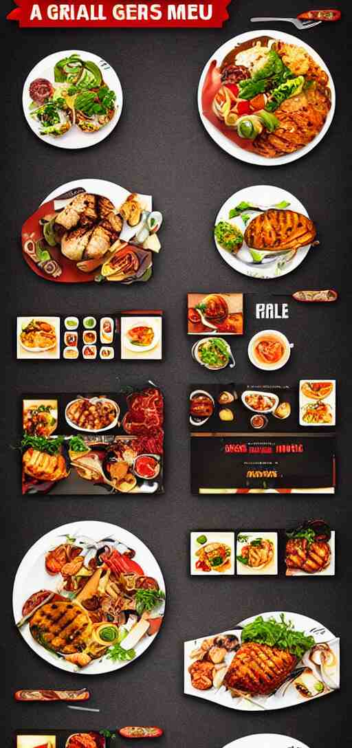 a very high image of a graphic menu for a grill house, graphic, template, design, cool, grill, food photography, no text 