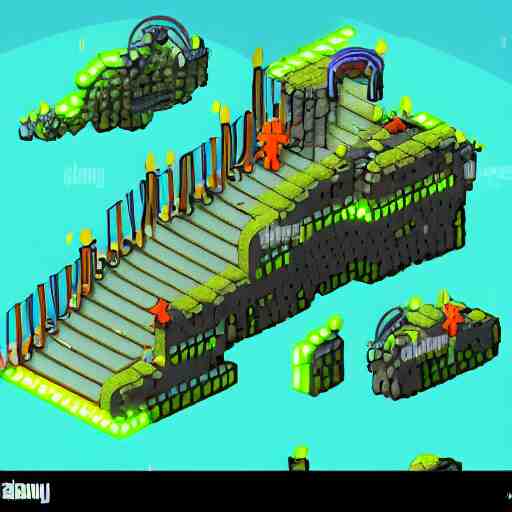 concept art 2 d game asset of various stair blocks with organic isometric design, bioluminescent alien - like plants inspired by the avatar's bioluminescent alien nature. around the stairs, we can see plants glowing in the dark. isometric perspective, item is in a black background colorful neons cyan, orange red, painterly cartoonish octane render masterpiece 