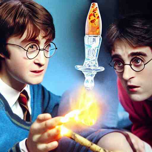 harry potter smoking a bong while sitting on a couch with a lava lamp next to him 