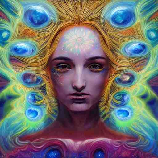 a psychedelic chakra awakening kundalini ethereal portrait of kim petras with her eyes closed transcending to a higher plane of existence, eternal blessing, multiverse, by android jones, by ben ridgeway, by ross draws, by noah bradley, by maciej kuciara, visionary art, oil painting, artgerm, featured on artstation, cgsociety, greg rutkowski 