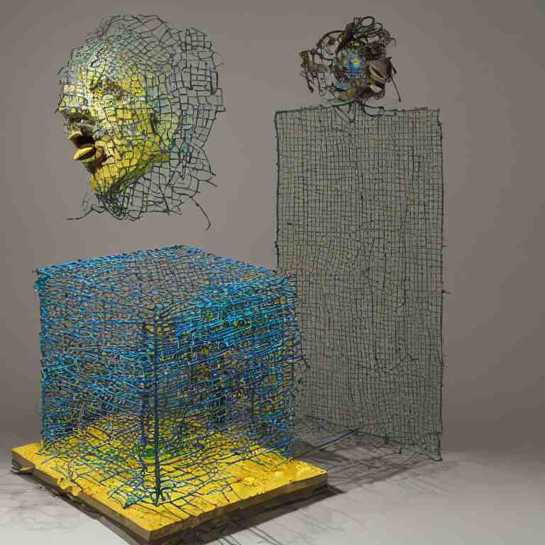 hyperrealistic sculpture of a bronze fossilized ancient lego mindstorms archelon dusted with saffron and deep blue and grass green spraypaint and beeswax in a grid cage on a pedestal by ron mueck and duane hanson and lee bontecou, hyperrealistic dramatic colored lighting trending on artstation 8 k 