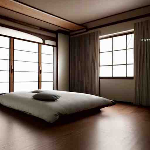 still photo of a japanese master bed room, highly detailed, photorealistic portrait, bright studio setting, studio lighting, crisp quality and light reflections, unreal engine 5 quality render 