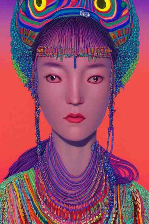 a colorful vibrant closeup portrait of a fashion model with a beaded headdress and dreaming psychedelic hallucinations, by kawase hasui, moebius, edward hopper and james gilleard, zdzislaw beksinski, steven outram colorful flat surreal design, hd, 8 k, artstation 