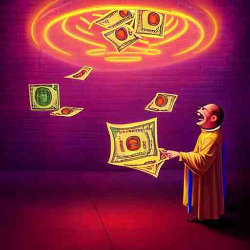 priest laughing while throwing dollar bills in the air in a strip club by mandy jurgens, cartoon, dark backgroun, visionary art, magic symbols, holy halo, neon ambient lighting, high detail, dark vibrant colors 