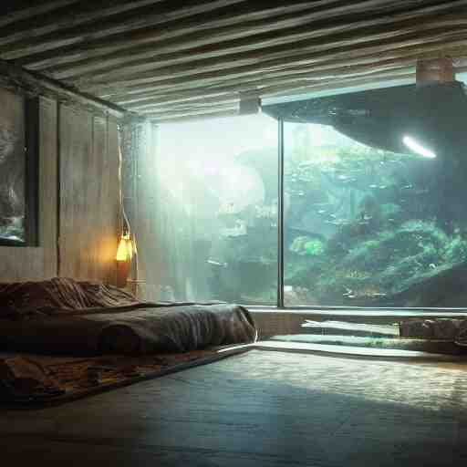 a spacious room with freshwater aquariums as walls, dim light, hyper realistic, ambient lighting, concept art, intricate, hyper detailed, smooth, dynamic volumetric lighting, octane, raytrace, cinematic, high quality, high resolution, 4 k, cgsociety, rutkowski, gurney 