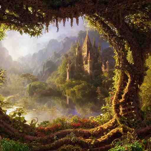 a beautiful and highly detailed matte painting of an elven temple in a magical fantasy garden in a lush forest in the mystical mountains, celtic knots, carved runes, intricate details, epic scale, insanely complex, 8 k, sharp focus, hyperrealism, very realistic, by caspar friedrich, albert bierstadt, james gurney, brian froud, 