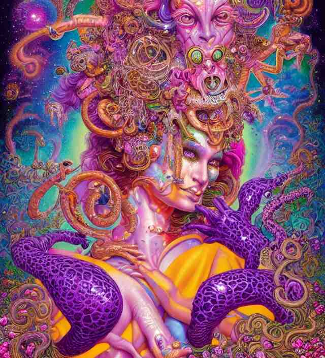 lisa frank inspired blotter acid fantasy character portrait of fertility goddess, ultra realistic, wide angle, intricate details, dharma artifacts, aum, highly detailed by hr giger, peter mohrbacher, wayne barlowe, boris vallejo, hajime sorayama aaron horkey, gaston bussiere, craig mullins 