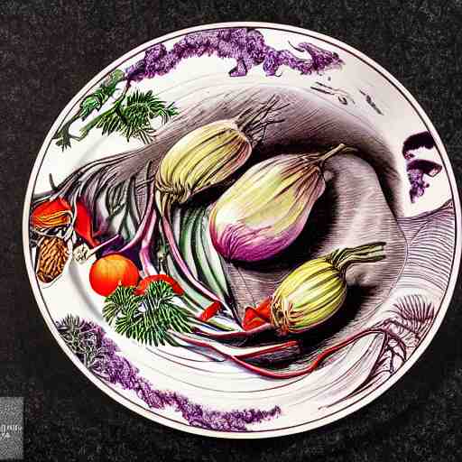 a beautiful plate of vegetables, by junji ito, by laurie lipton, by bernie wrightson, masterpiece, stunning, hyper realistic, lots of colours, 8 k 