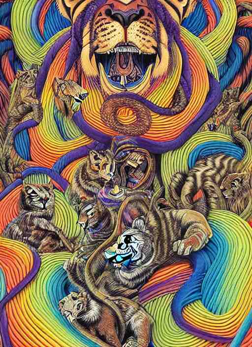 lions and tiger and bears dissolving into melted liquid braids, cubensis, aztec, basil wolverton, r crumb, hr giger, mc escher, dali, muted but vibrant colors, rainbow tubing, ribbons and folds 