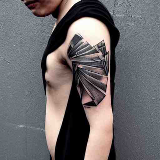 dark japanese urban architecture, tattoo, tattoo on upper arm