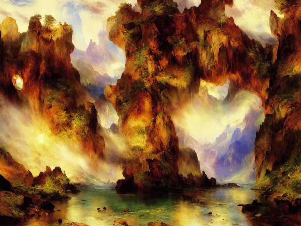 a beautiful landscape painting by thomas moran, trending on arstation 