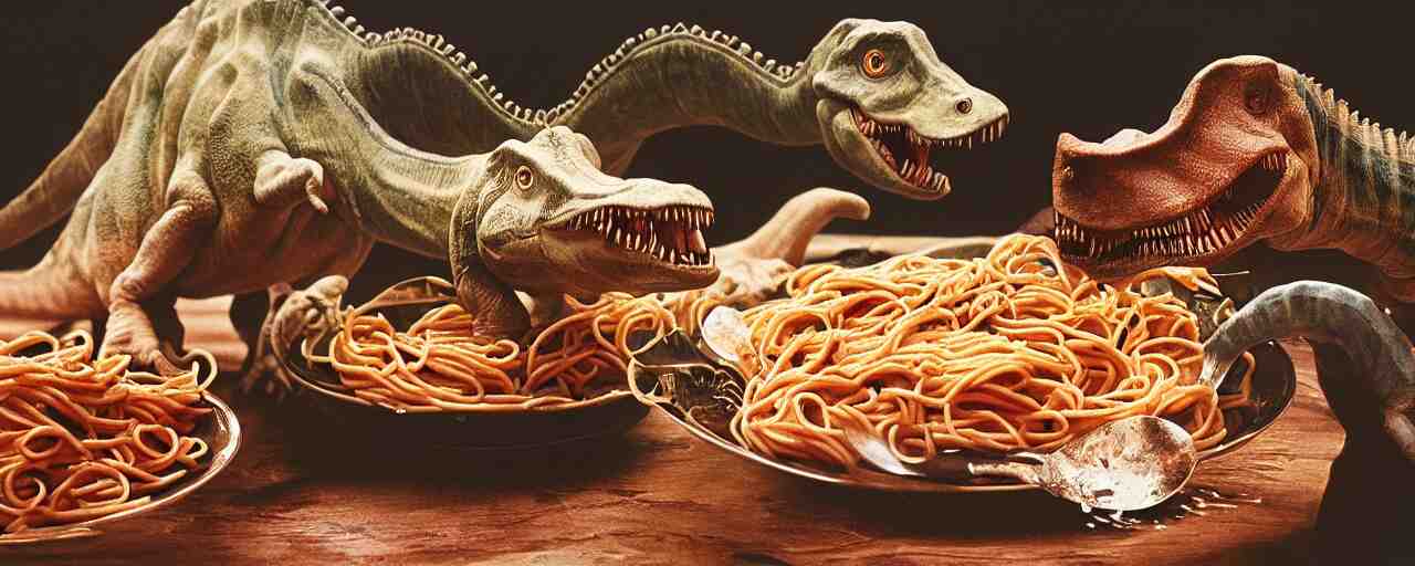 two dinosaurs fighting to the death, inside a bowl of spaghetti, canon 5 0 mm, cinematic lighting, photography, retro, film, kodachrome 