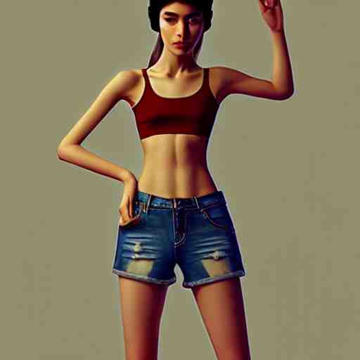 gracefully enchanting studio portraiture of finely fashionable, elegantly dressed, stunning reserved young uzbek model who is slender, tank top, denim shorts. digital art by killian eng and range murata 