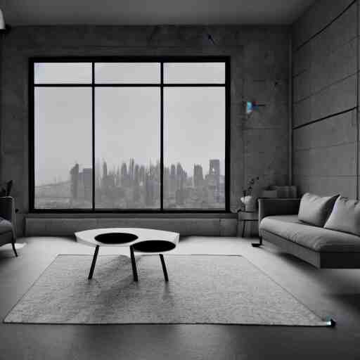 brutalist penthouse open living room, big windows, showing city landscape on background, minimalist architecture, minimalist furniture, octane render, high quality, 8 k, post production 