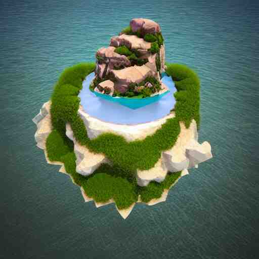 a floating island on an aquatic environment isometric art, lago de sorapis landscape, low poly art, game art, artstation, 3D render, high detail, cgsociety, octane render