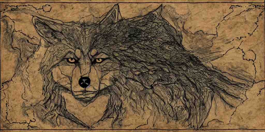 face of a wolf in the style of a medieval fantasy map, mountains, forests.  Skyrim, Lord of the Rings map, Zelda Breath of the Wild map, drawing on parchment