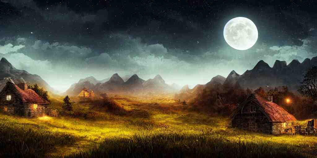 Blood soaked fields with large mountains in the distance, small cottage in the foreground, nighttime, moon in the night sky, landscape wallpaper, d&d art, fantasy, painted, 4k, high detail, sharp focus