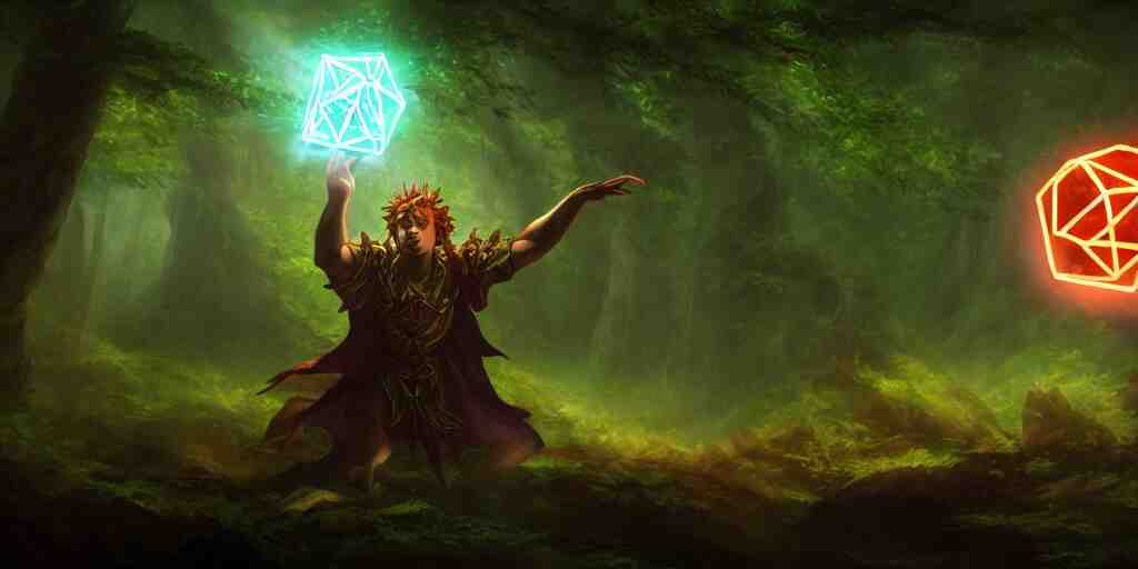 magic : the gathering art of a mythical forest god rolling a d 6 dice, glowing energy, fantasy magic, by willian murai and jason chan, sharp focus, cinematic, rule of thirds, foresthour 