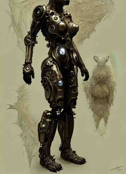 organic cyborg bear, full body, diffuse lighting, fantasy, intricate, elegant, highly detailed, lifelike, photorealistic, digital painting, artstation, illustration, concept art, smooth, sharp focus, art by John Collier and Albert Aublet and Krenz Cushart and Artem Demura and Alphonse Mucha